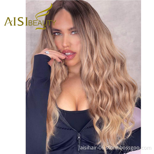 Aisi Beauty Wholesale Vendor Long Wavy Body Wave Ombre 613 Blonde Wig Lace Frontal Synthetic Hair For Black Women Lace Front Wig